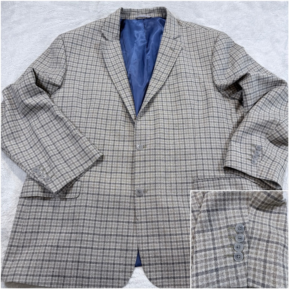Cole Haan Grand OS Mens Plaid Blazer Jacket Wool Blend Blue Lined Size 52